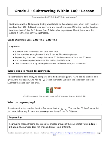 Page 1 of the Grade 2 Subtracting Within 100 lesson PDF