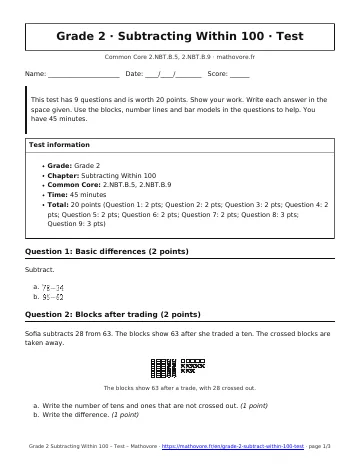 Page 1 of the Grade 2 Subtracting Within 100 test PDF