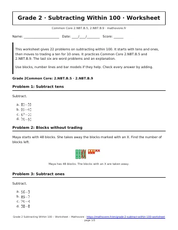 Page 1 of the Grade 2 Subtracting Within 100 worksheet PDF