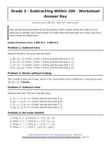 Page 1 of the Grade 2 Subtracting Within 100 worksheet answer key PDF