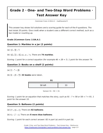 Page 1 of the Grade 2 One- and Two-Step Word Problems test answer key PDF