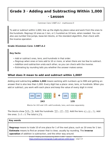 Page 1 of the Grade 3 Adding and Subtracting Within 1,000 lesson PDF