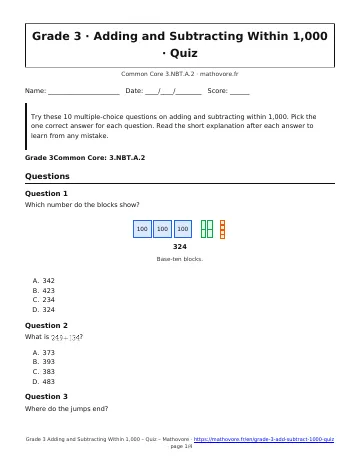 Page 1 of the Grade 3 Adding and Subtracting Within 1,000 quiz PDF