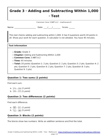 Page 1 of the Grade 3 Adding and Subtracting Within 1,000 test PDF