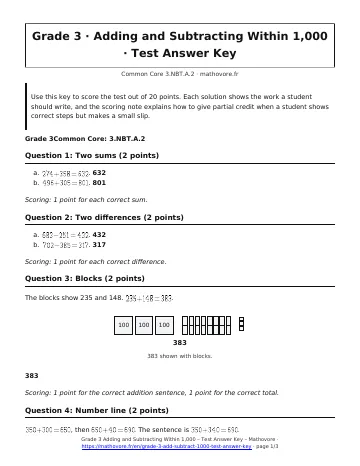 Page 1 of the Grade 3 Adding and Subtracting Within 1,000 test answer key PDF