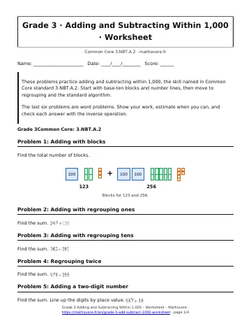Page 1 of the Grade 3 Adding and Subtracting Within 1,000 worksheet PDF