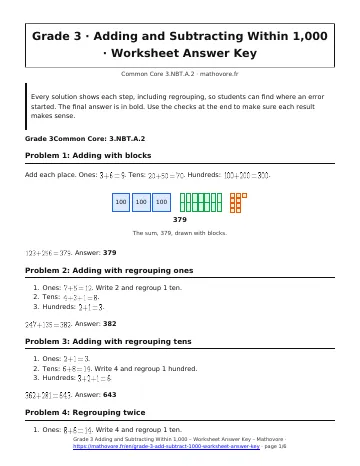 Page 1 of the Grade 3 Adding and Subtracting Within 1,000 worksheet answer key PDF
