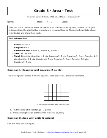 Page 1 of the Grade 3 Area test PDF