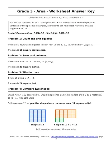 Page 1 of the Grade 3 Area worksheet answer key PDF