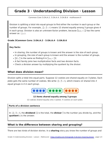 Page 1 of the Grade 3 Understanding Division lesson PDF