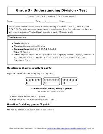 Page 1 of the Grade 3 Understanding Division test PDF