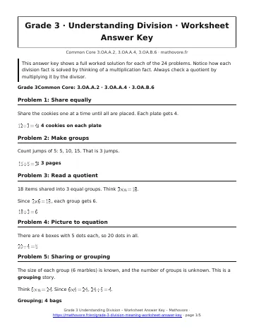Page 1 of the Grade 3 Understanding Division worksheet answer key PDF