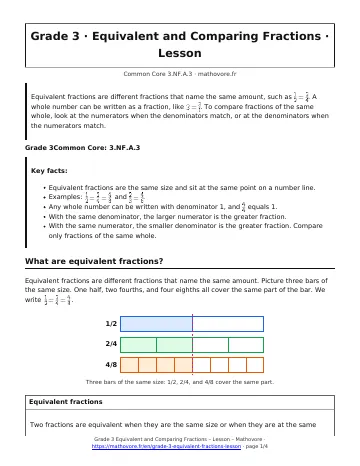 Page 1 of the Grade 3 Equivalent and Comparing Fractions lesson PDF
