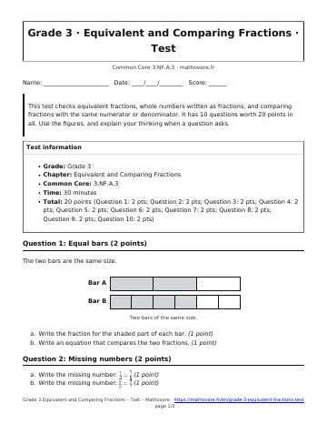Page 1 of the Grade 3 Equivalent and Comparing Fractions test PDF