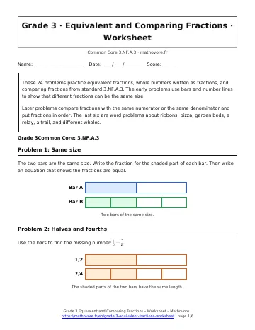 Page 1 of the Grade 3 Equivalent and Comparing Fractions worksheet PDF