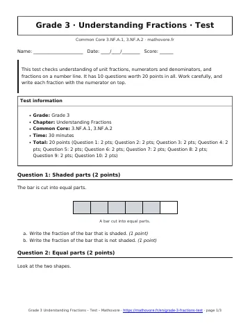 Page 1 of the Grade 3 Understanding Fractions test PDF