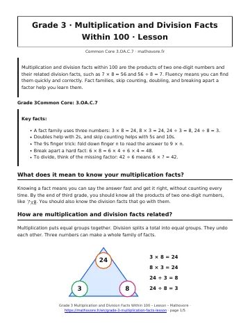 Page 1 of the Grade 3 Multiplication and Division Facts Within 100 lesson PDF