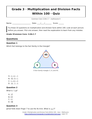 Page 1 of the Grade 3 Multiplication and Division Facts Within 100 quiz PDF