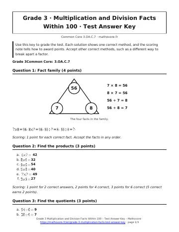 Page 1 of the Grade 3 Multiplication and Division Facts Within 100 test answer key PDF
