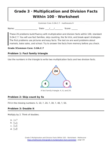 Page 1 of the Grade 3 Multiplication and Division Facts Within 100 worksheet PDF