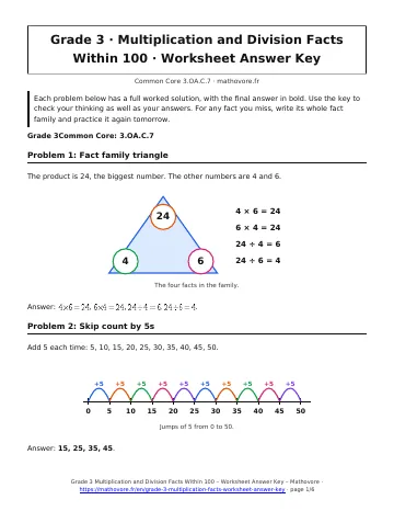 Page 1 of the Grade 3 Multiplication and Division Facts Within 100 worksheet answer key PDF