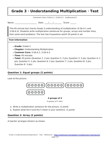 Page 1 of the Grade 3 Understanding Multiplication test PDF