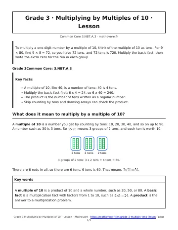 Page 1 of the Grade 3 Multiplying by Multiples of 10 lesson PDF