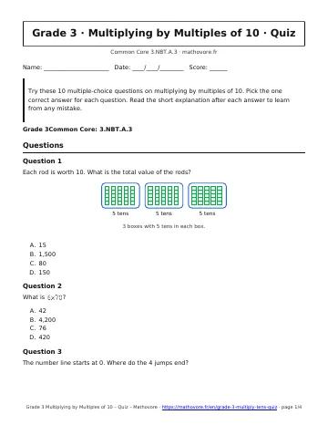 Page 1 of the Grade 3 Multiplying by Multiples of 10 quiz PDF