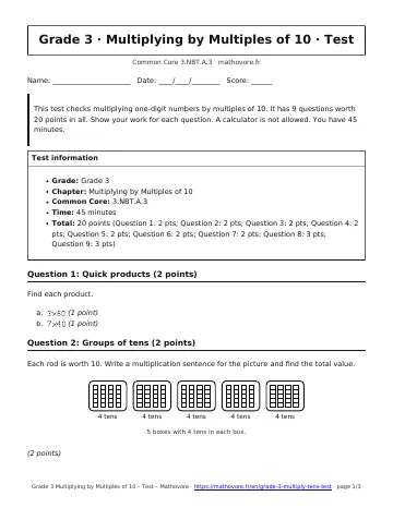 Page 1 of the Grade 3 Multiplying by Multiples of 10 test PDF