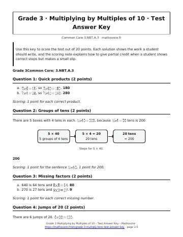 Page 1 of the Grade 3 Multiplying by Multiples of 10 test answer key PDF