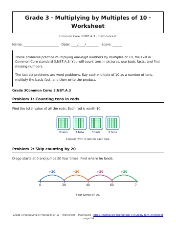 Page 1 of the Grade 3 Multiplying by Multiples of 10 worksheet PDF