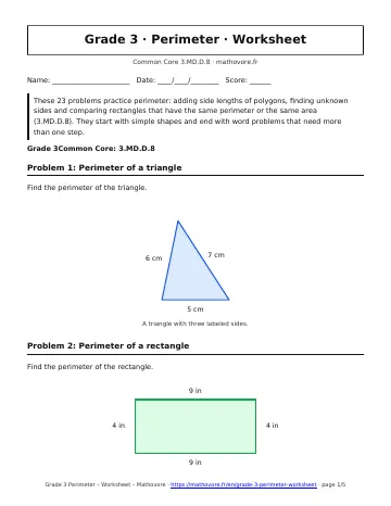Page 1 of the Grade 3 Perimeter worksheet PDF