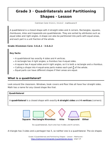 Page 1 of the Grade 3 Quadrilaterals and Partitioning Shapes lesson PDF
