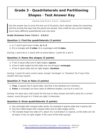 Page 1 of the Grade 3 Quadrilaterals and Partitioning Shapes test answer key PDF