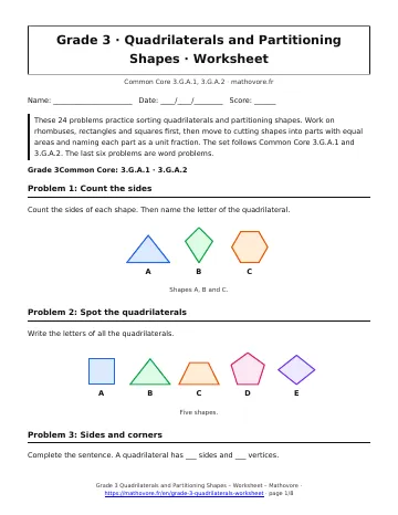 Page 1 of the Grade 3 Quadrilaterals and Partitioning Shapes worksheet PDF