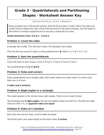 Page 1 of the Grade 3 Quadrilaterals and Partitioning Shapes worksheet answer key PDF