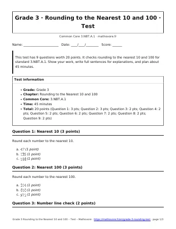 Page 1 of the Grade 3 Rounding to the Nearest 10 and 100 test PDF