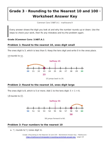 Page 1 of the Grade 3 Rounding to the Nearest 10 and 100 worksheet answer key PDF