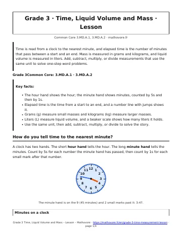 Page 1 of the Grade 3 Time, Liquid Volume and Mass lesson PDF