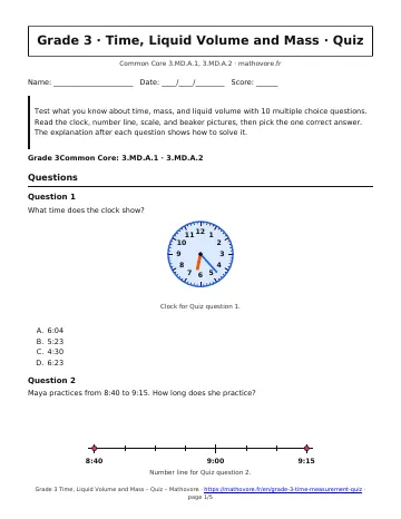Page 1 of the Grade 3 Time, Liquid Volume and Mass quiz PDF
