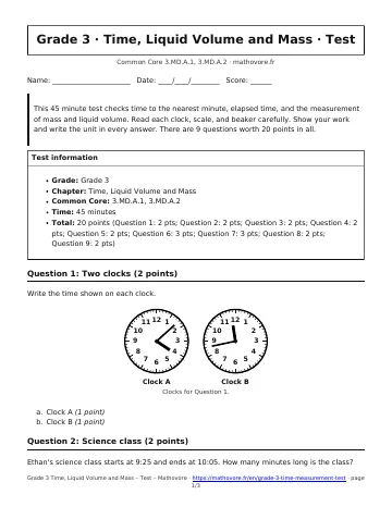 Page 1 of the Grade 3 Time, Liquid Volume and Mass test PDF