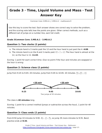 Page 1 of the Grade 3 Time, Liquid Volume and Mass test answer key PDF