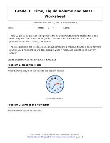 Page 1 of the Grade 3 Time, Liquid Volume and Mass worksheet PDF