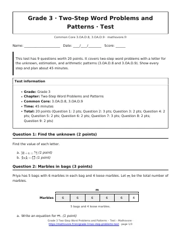 Page 1 of the Grade 3 Two-Step Word Problems and Patterns test PDF