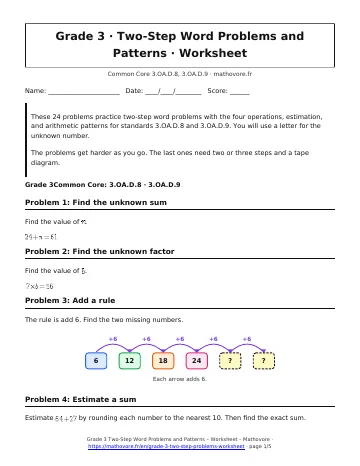 Page 1 of the Grade 3 Two-Step Word Problems and Patterns worksheet PDF