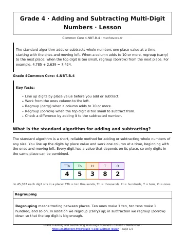 Page 1 of the Grade 4 Adding and Subtracting Multi-Digit Numbers lesson PDF