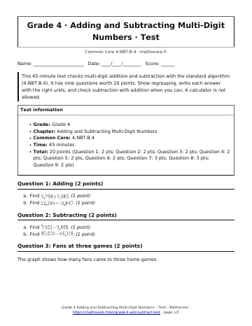 Page 1 of the Grade 4 Adding and Subtracting Multi-Digit Numbers test PDF