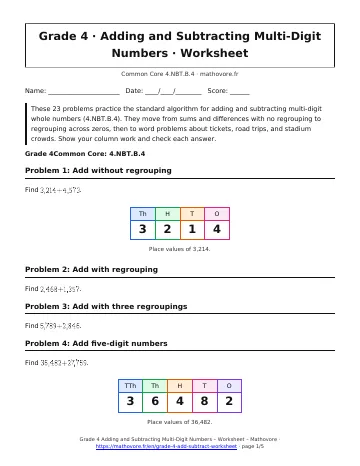 Page 1 of the Grade 4 Adding and Subtracting Multi-Digit Numbers worksheet PDF