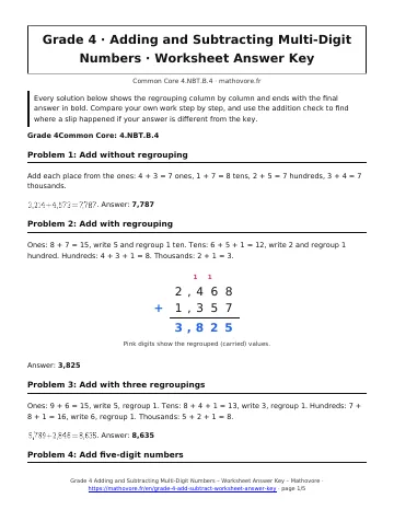 Page 1 of the Grade 4 Adding and Subtracting Multi-Digit Numbers worksheet answer key PDF