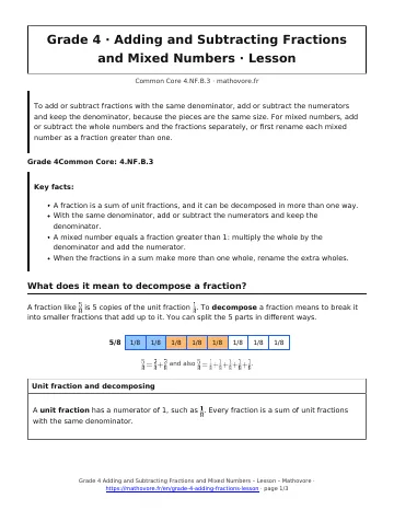 Page 1 of the Grade 4 Adding and Subtracting Fractions and Mixed Numbers lesson PDF